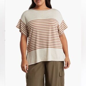 MAX STUDIO Stripe Short Sleeve Top Ivory/Beige 2X